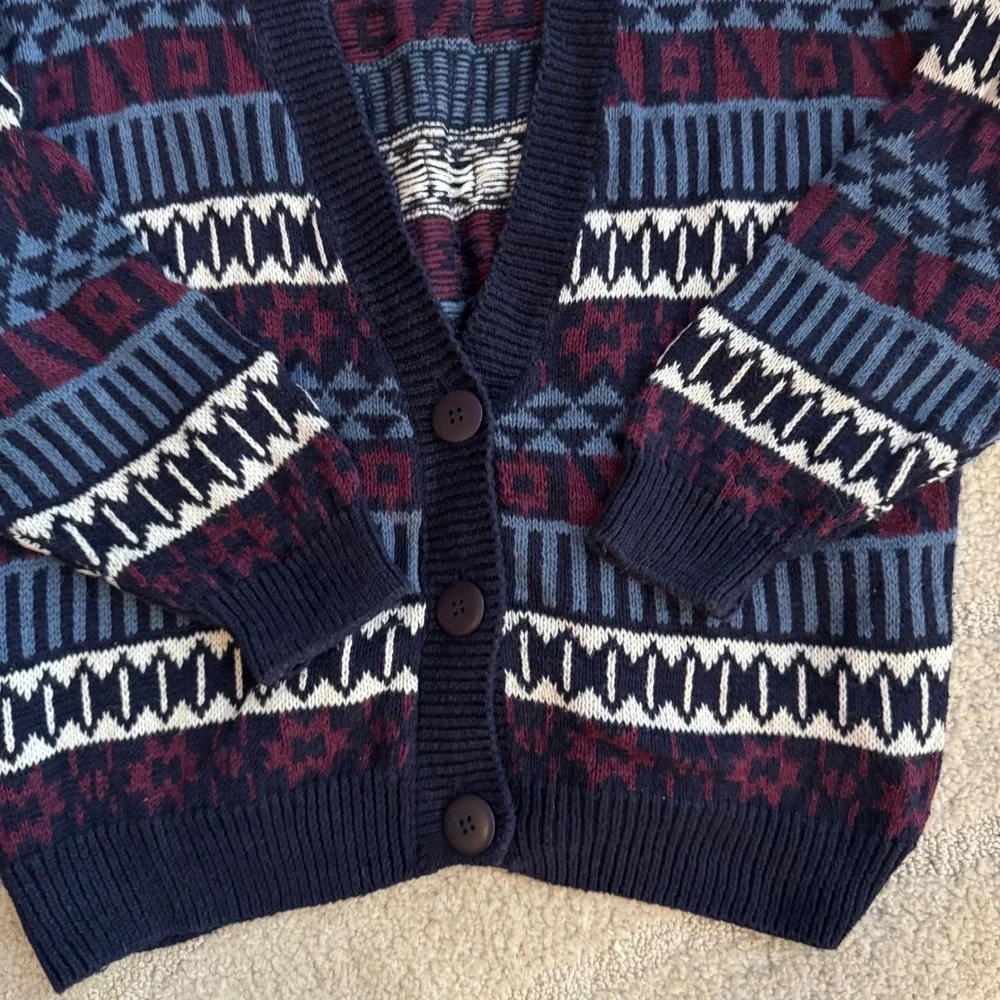 Paris Sport‎ Club Vintage Fair Isle Cardigan Sweater Navy Burgundy Geometric L